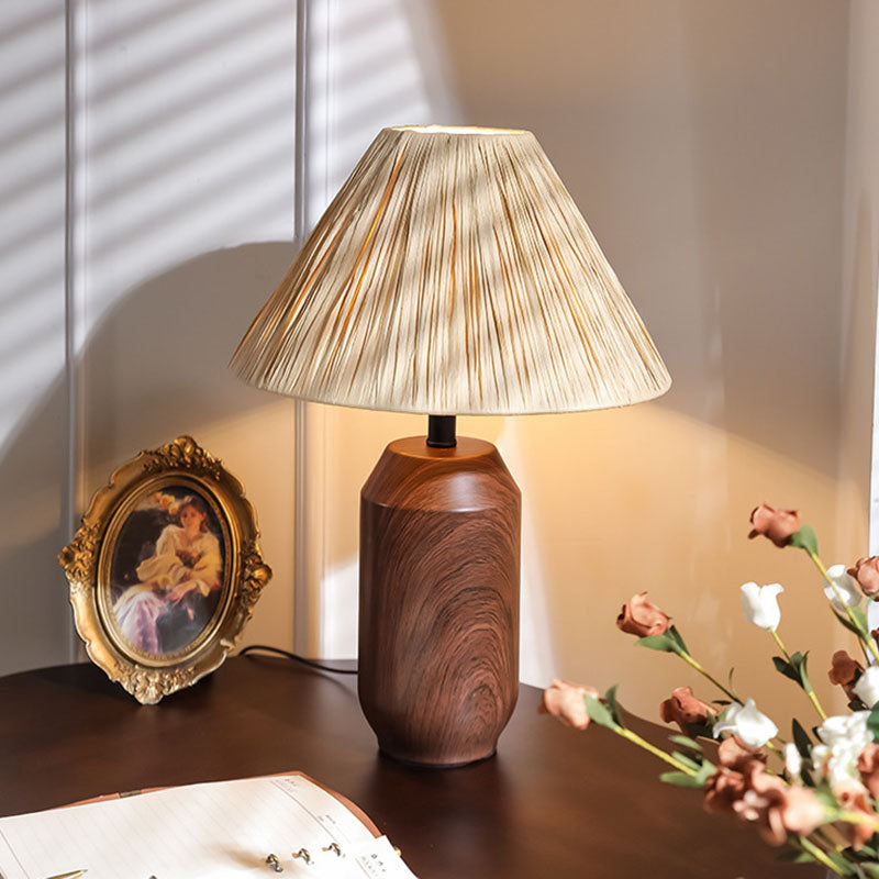 Traditional Japanese Iron Fabric Cylinder Imitation Wicker USB 1-Light Table Lamp For Bedroom
