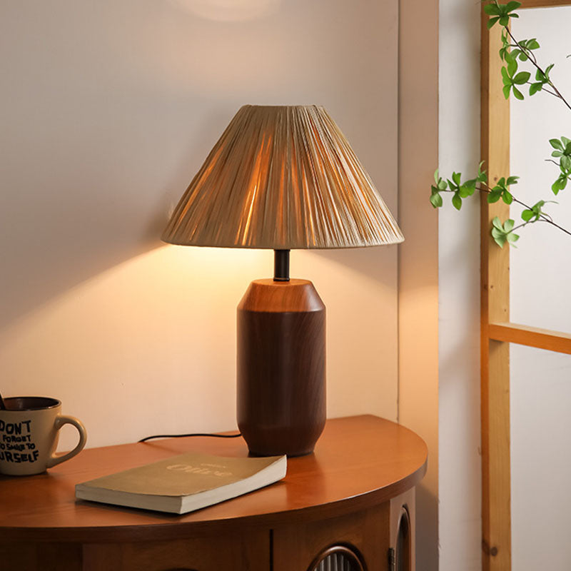 Traditional Japanese Iron Fabric Cylinder Imitation Wicker USB 1-Light Table Lamp For Bedroom
