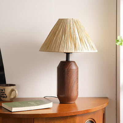 Traditional Japanese Iron Fabric Cylinder Imitation Wicker USB 1-Light Table Lamp For Bedroom