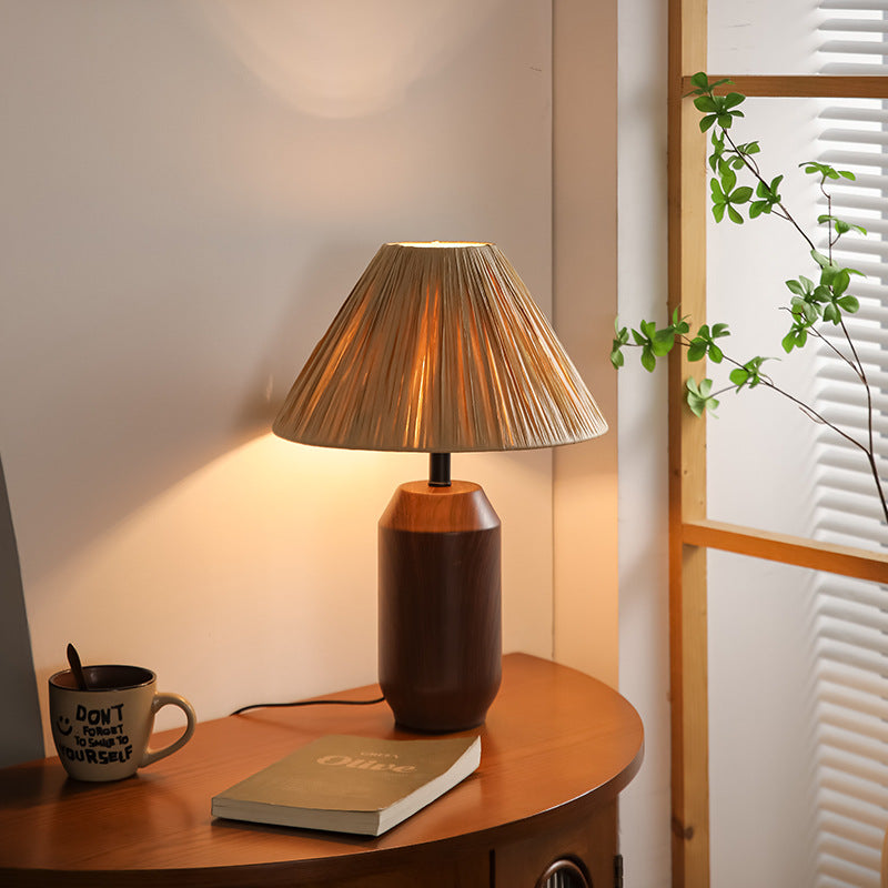 Traditional Japanese Iron Fabric Cylinder Imitation Wicker USB 1-Light Table Lamp For Bedroom