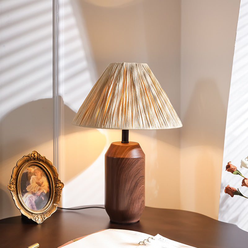 Traditional Japanese Iron Fabric Cylinder Imitation Wicker USB 1-Light Table Lamp For Bedroom