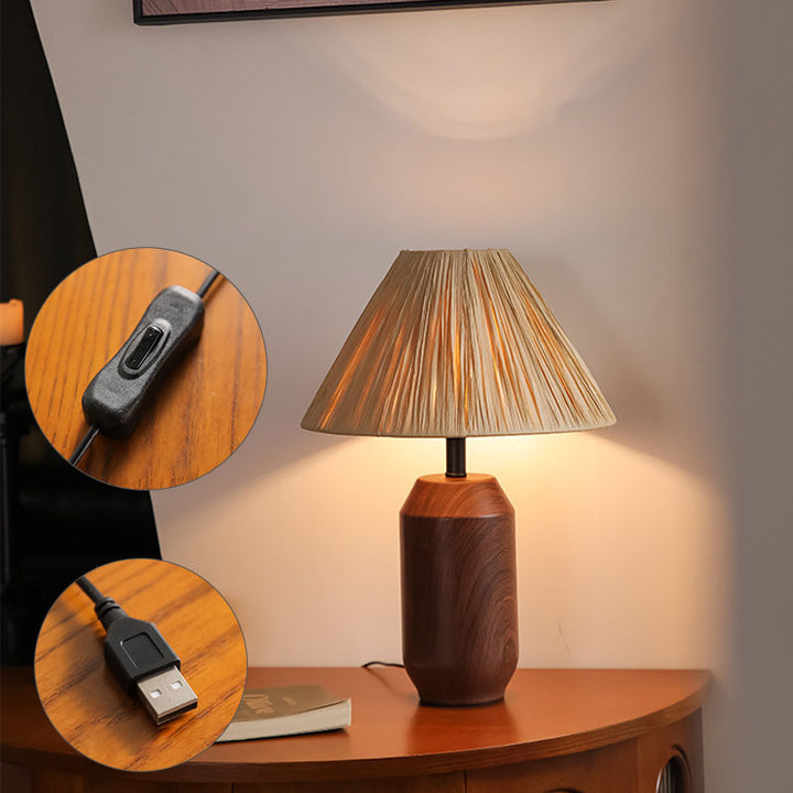 伝統的な日本の鉄製ファブリックシリンダー模造ウィッカーUSB 1ライトテーブルランプ寝室用 
