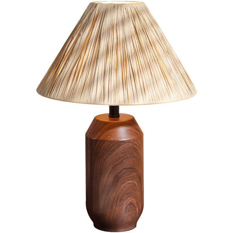 Traditional Japanese Iron Fabric Cylinder Imitation Wicker USB 1-Light Table Lamp For Bedroom