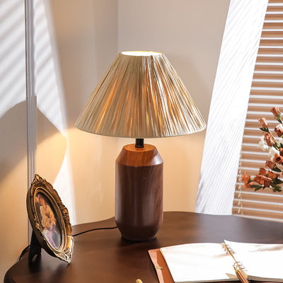 Traditional Japanese Iron Fabric Cylinder Imitation Wicker USB 1-Light Table Lamp For Bedroom