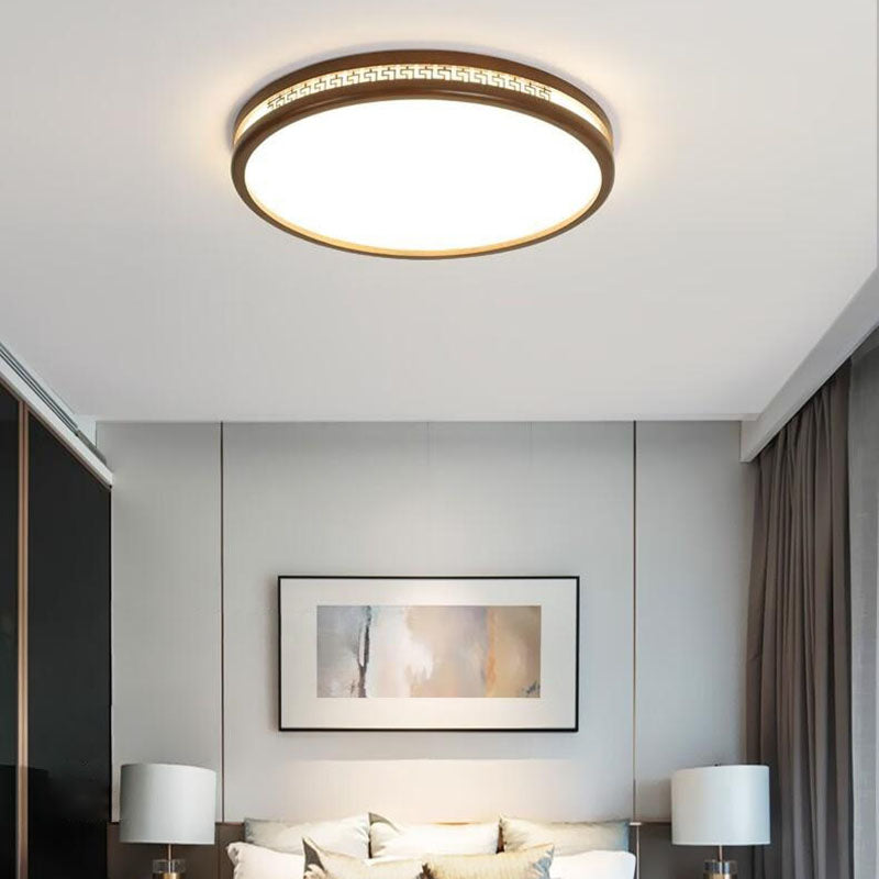 Traditional Chinese Wood Acrylic Round LED Flush Mount Ceiling Light For Living Room
