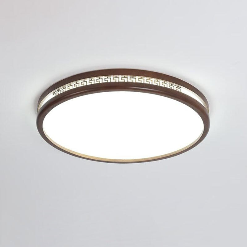 Traditional Chinese Wood Acrylic Round LED Flush Mount Ceiling Light For Living Room