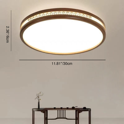 Traditional Chinese Wood Acrylic Round LED Flush Mount Ceiling Light For Living Room