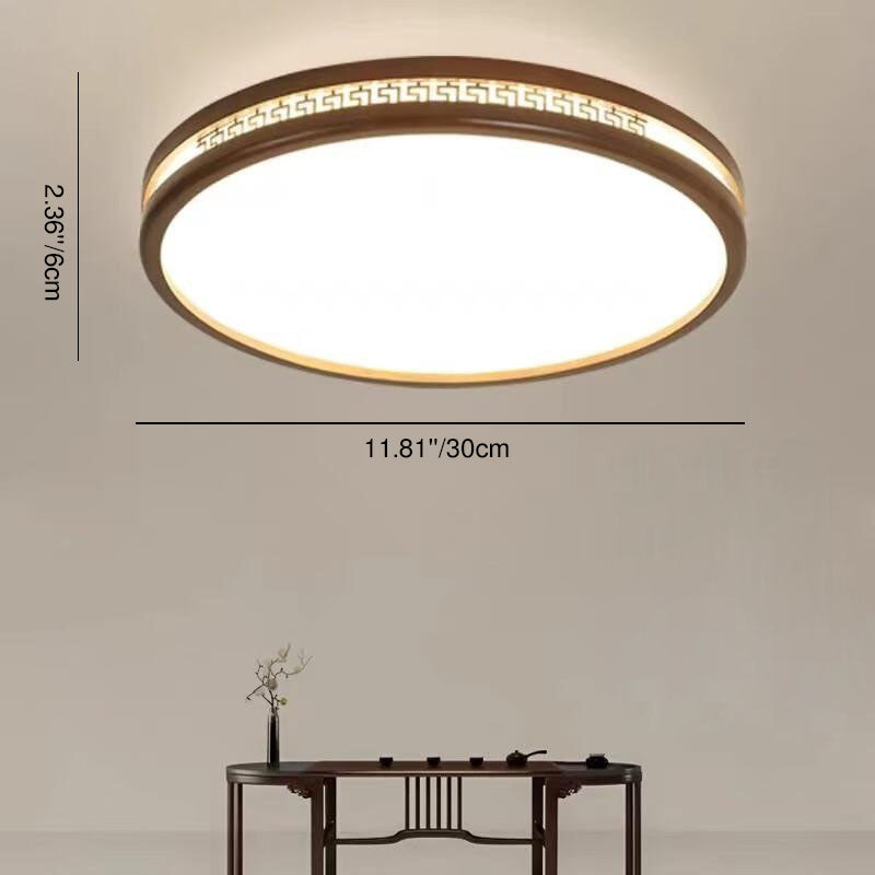 Traditional Chinese Wood Acrylic Round LED Flush Mount Ceiling Light For Living Room