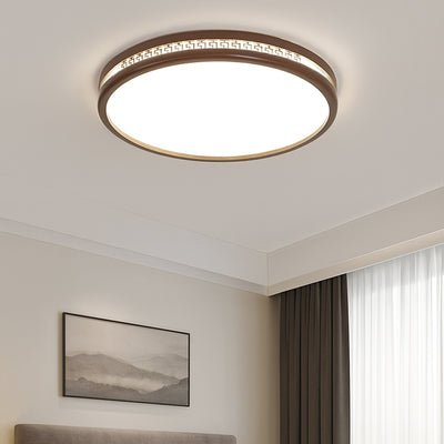 Traditional Chinese Wood Acrylic Round LED Flush Mount Ceiling Light For Living Room