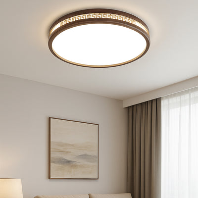 Traditional Chinese Wood Acrylic Round LED Flush Mount Ceiling Light For Living Room
