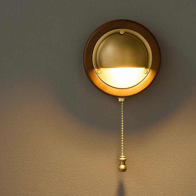 Contemporary Scandinavian Copper Ash Wood Round 1-Light Wall Sconce Lamp For Bedroom