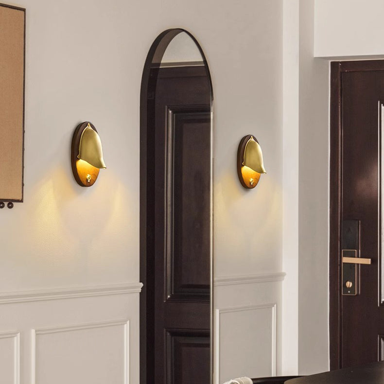 Contemporary Scandinavian Copper Ash Wood Round 1-Light Wall Sconce Lamp For Bedroom