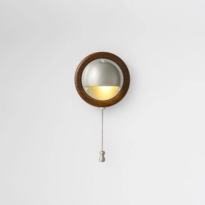 Contemporary Scandinavian Copper Ash Wood Round 1-Light Wall Sconce Lamp For Bedroom