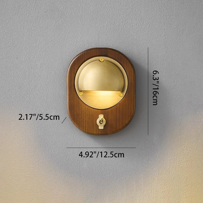 Contemporary Scandinavian Copper Ash Wood Round 1-Light Wall Sconce Lamp For Bedroom