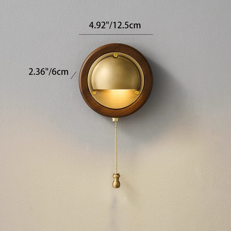 Contemporary Scandinavian Copper Ash Wood Round 1-Light Wall Sconce Lamp For Bedroom