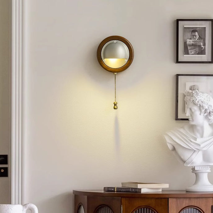 Contemporary Scandinavian Copper Ash Wood Round 1-Light Wall Sconce Lamp For Bedroom