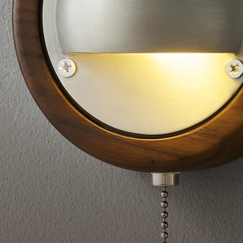 Contemporary Scandinavian Copper Ash Wood Round 1-Light Wall Sconce Lamp For Bedroom