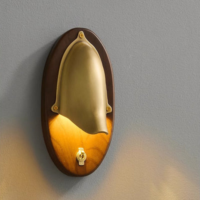 Contemporary Scandinavian Copper Ash Wood Round 1-Light Wall Sconce Lamp For Bedroom