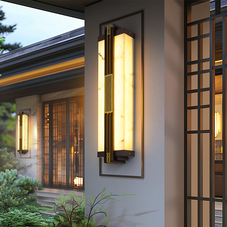 Traditional Chinese Waterproof Stainless Steel Resin Imitation Marble Pattern Linear LED Wall Sconce Lamp For Outdoor Patio