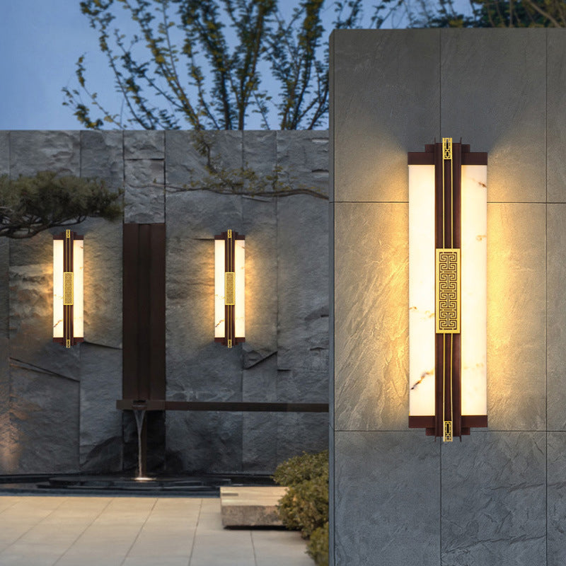 Traditional Chinese Waterproof Stainless Steel Resin Imitation Marble Pattern Linear LED Wall Sconce Lamp For Outdoor Patio
