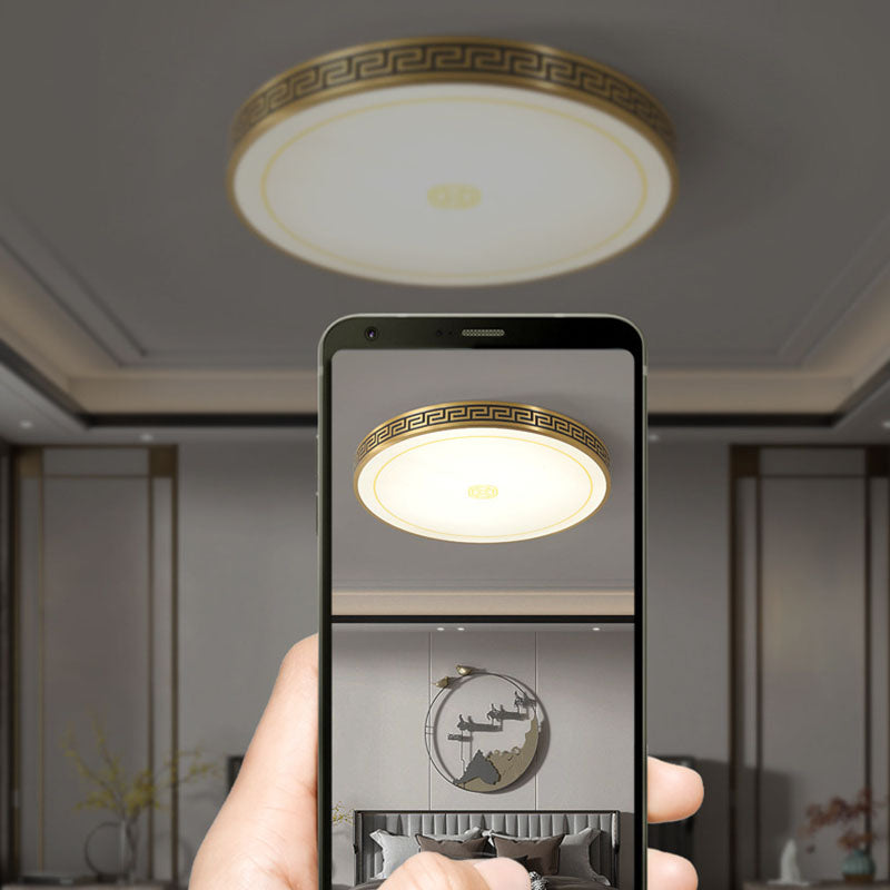 Plafonnier LED rond en acrylique et cuivre chinois traditionnel pour salon 