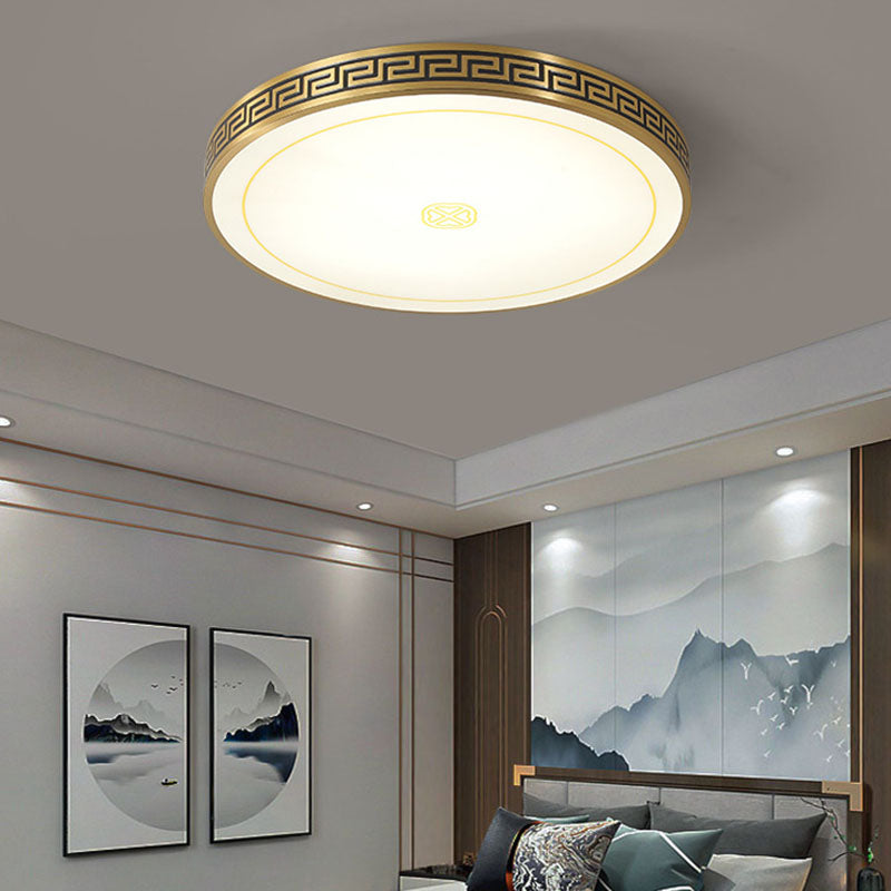 Traditional Chinese Copper Acrylic Round LED Flush Mount Ceiling Light For Living Room