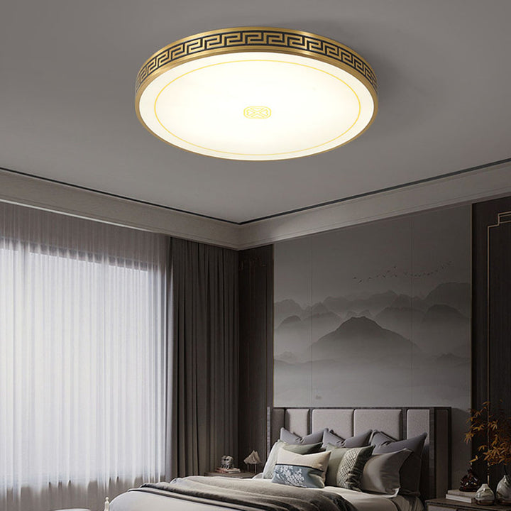 Plafonnier LED rond en acrylique et cuivre chinois traditionnel pour salon 