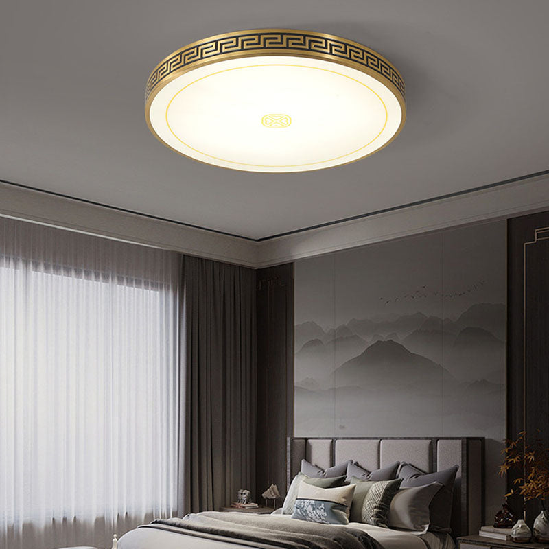Traditional Chinese Copper Acrylic Round LED Flush Mount Ceiling Light For Living Room