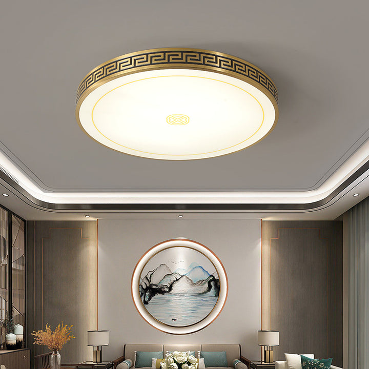 Plafonnier LED rond en acrylique et cuivre chinois traditionnel pour salon 