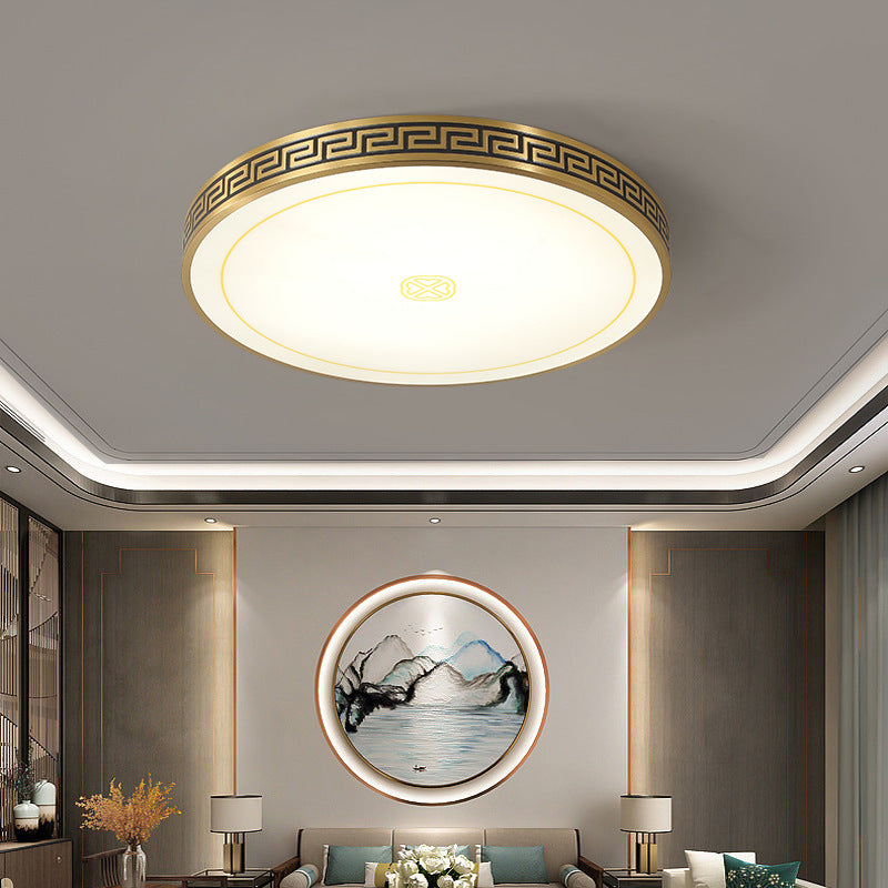 Traditional Chinese Copper Acrylic Round LED Flush Mount Ceiling Light For Living Room