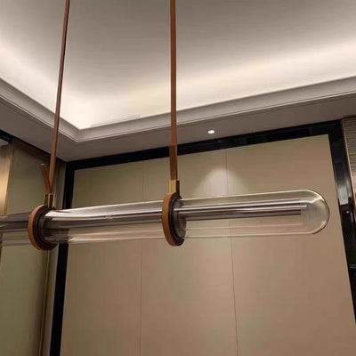 Modern Minimalist PU Leather Glass Linear  LED Island Light Chandelier For Dining Room