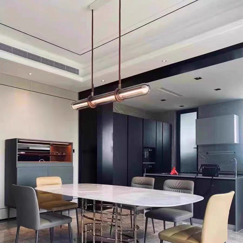 Modern Minimalist PU Leather Glass Linear  LED Island Light Chandelier For Dining Room