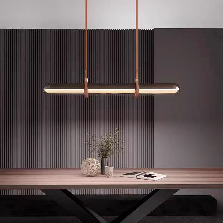 Modern Minimalist PU Leather Glass Linear  LED Island Light Chandelier For Dining Room
