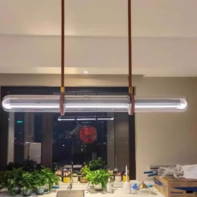 Modern Minimalist PU Leather Glass Linear  LED Island Light Chandelier For Dining Room