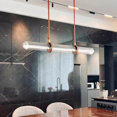 Modern Minimalist PU Leather Glass Linear  LED Island Light Chandelier For Dining Room