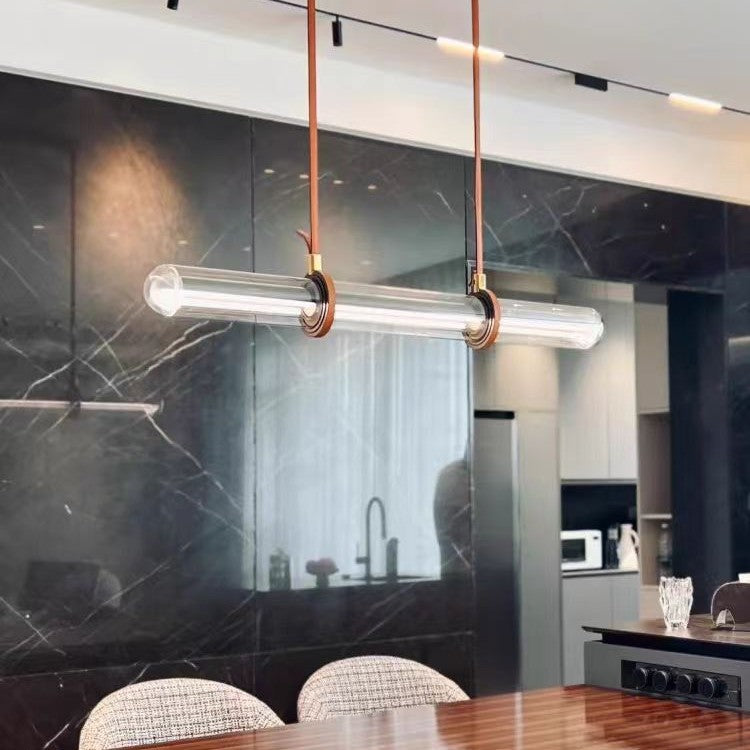 Modern Minimalist PU Leather Glass Linear  LED Island Light Chandelier For Dining Room
