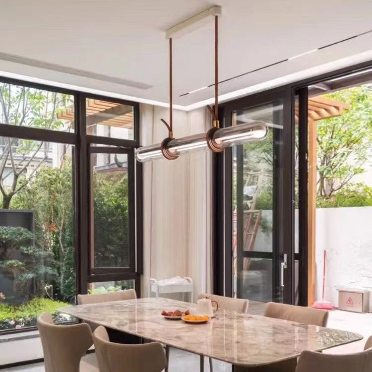 Modern Minimalist PU Leather Glass Linear  LED Island Light Chandelier For Dining Room