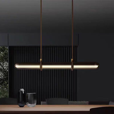 Modern Minimalist PU Leather Glass Linear  LED Island Light Chandelier For Dining Room