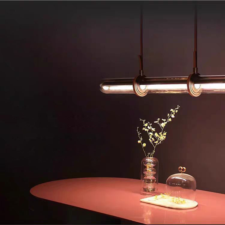 Modern Minimalist PU Leather Glass Linear  LED Island Light Chandelier For Dining Room