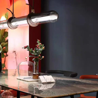 Modern Minimalist PU Leather Glass Linear  LED Island Light Chandelier For Dining Room