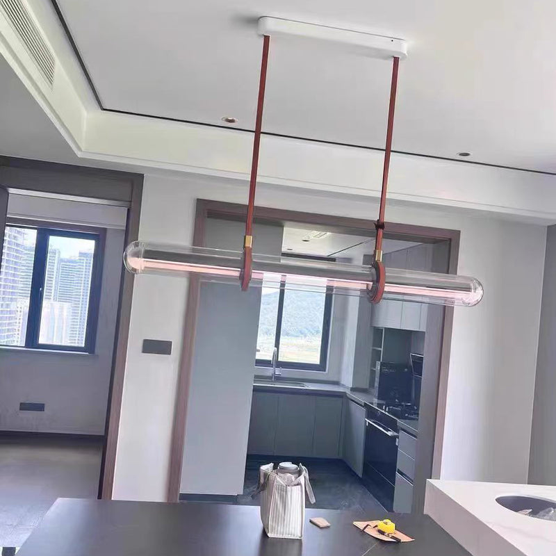 Modern Minimalist PU Leather Glass Linear  LED Island Light Chandelier For Dining Room