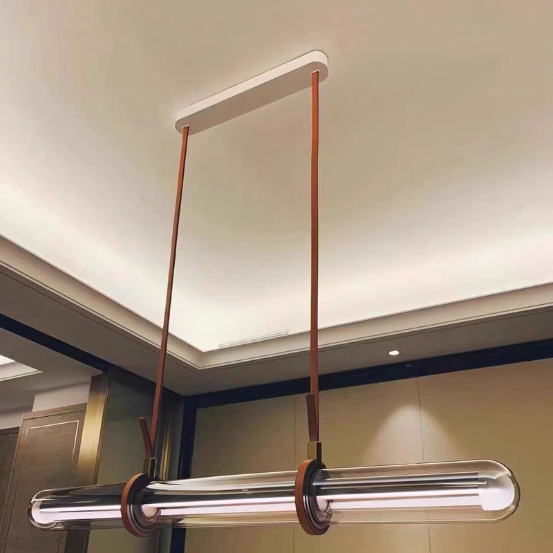 Modern Minimalist PU Leather Glass Linear  LED Island Light Chandelier For Dining Room
