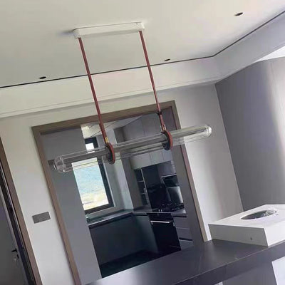Modern Minimalist PU Leather Glass Linear  LED Island Light Chandelier For Dining Room