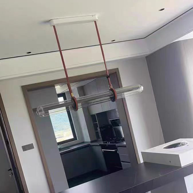 Modern Minimalist PU Leather Glass Linear  LED Island Light Chandelier For Dining Room
