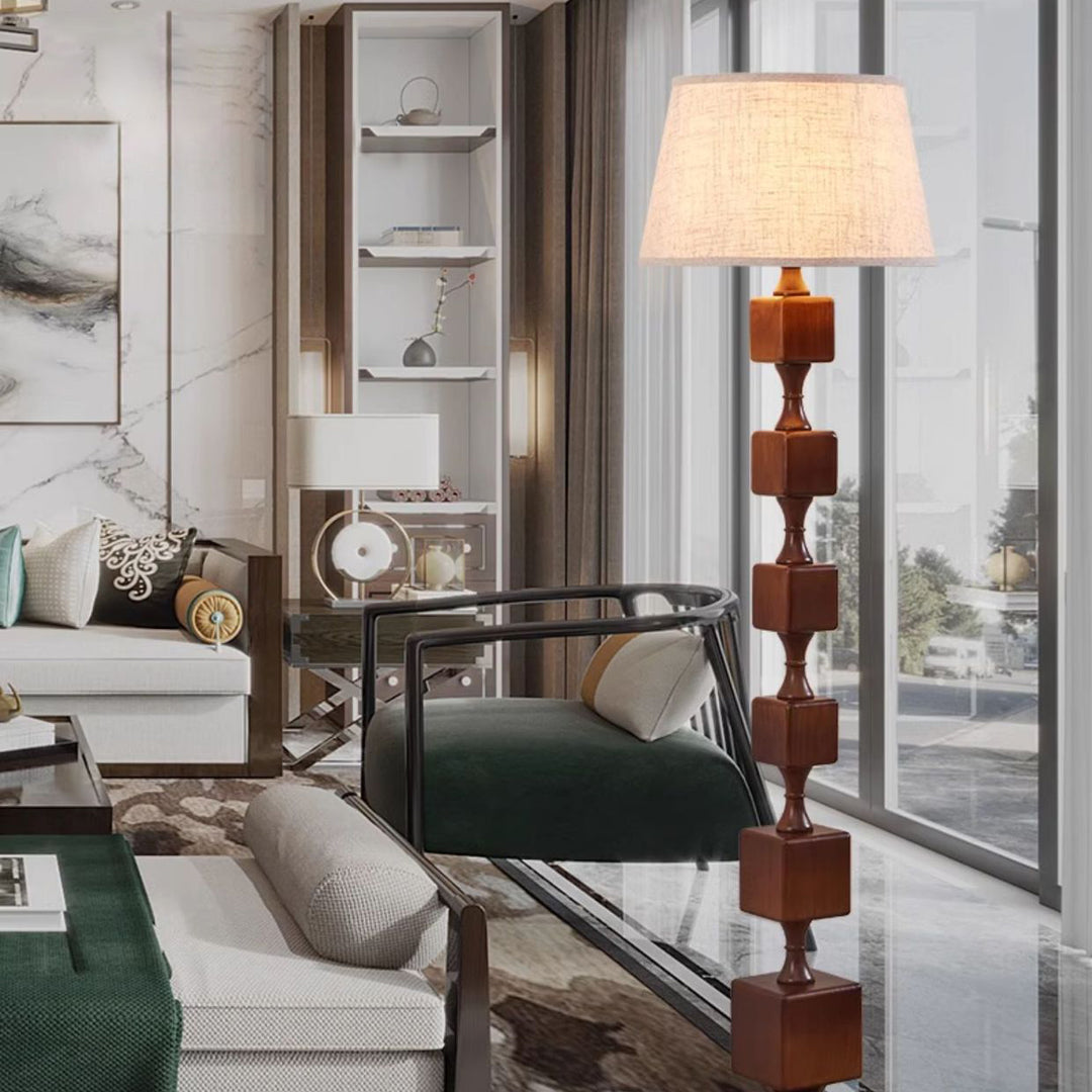 Lampe de sol traditionnelle française en bois avec tissu linéaire 1 lumière pour salon 