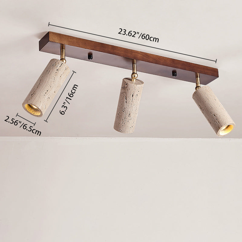 Contemporary Scandinavian Travertine Wood Iron Linear 3-Light Semi-Flush Mount Ceiling Light For Living Room