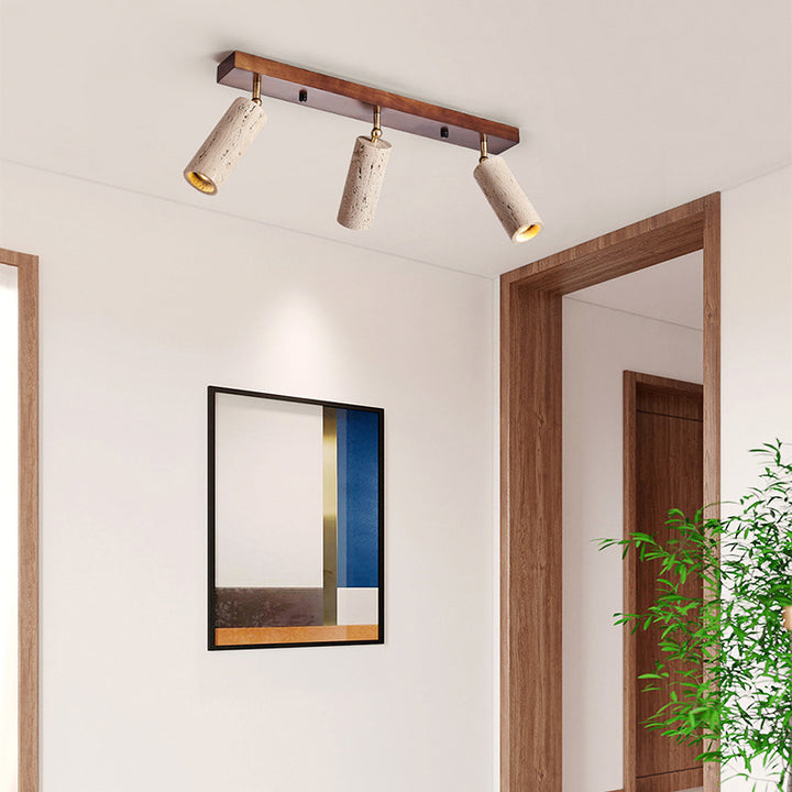 Contemporain Scandinave Travertin Bois Fer Linéaire Plafonnier Semi-Affleurant à 3 Lumières Pour Salon 