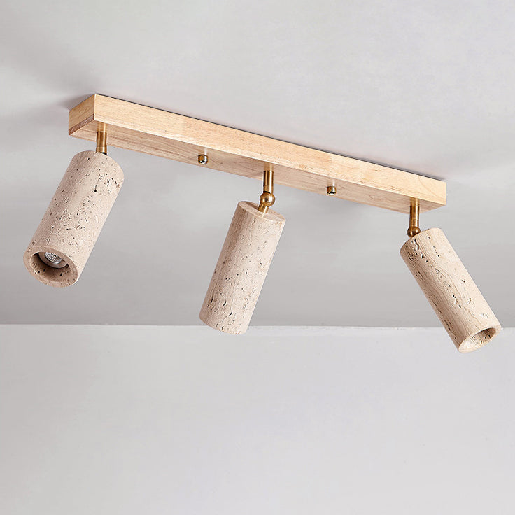 Contemporary Scandinavian Travertine Wood Iron Linear 3-Light Semi-Flush Mount Ceiling Light For Living Room