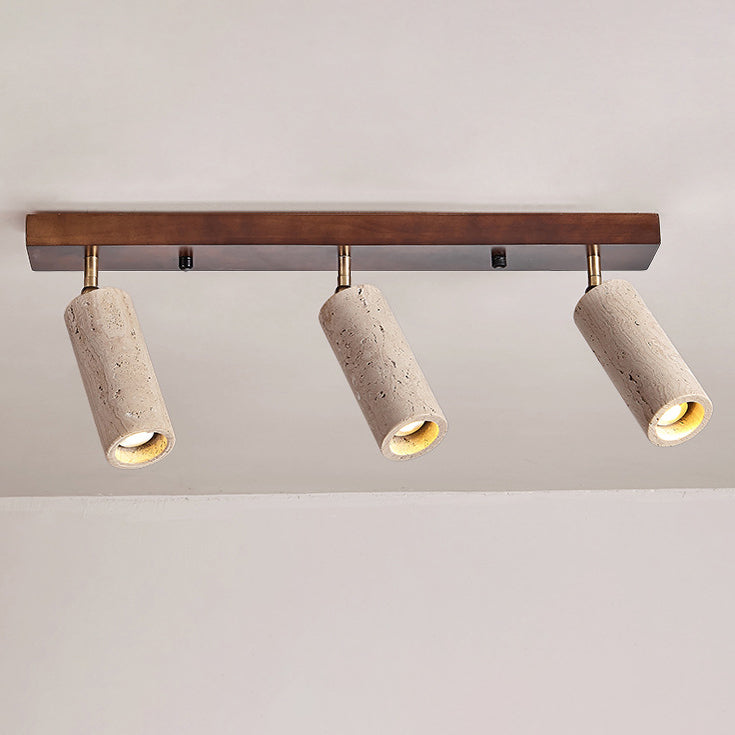 Contemporain Scandinave Travertin Bois Fer Linéaire Plafonnier Semi-Affleurant à 3 Lumières Pour Salon 