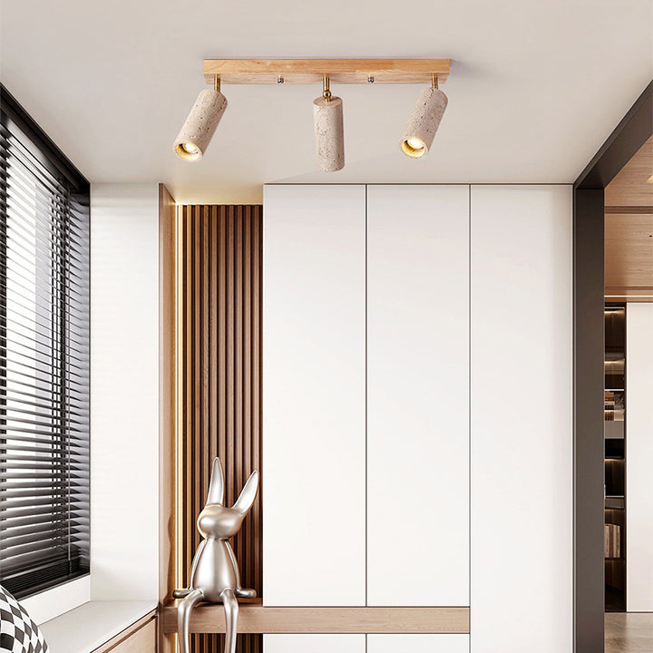 Contemporain Scandinave Travertin Bois Fer Linéaire Plafonnier Semi-Affleurant à 3 Lumières Pour Salon 